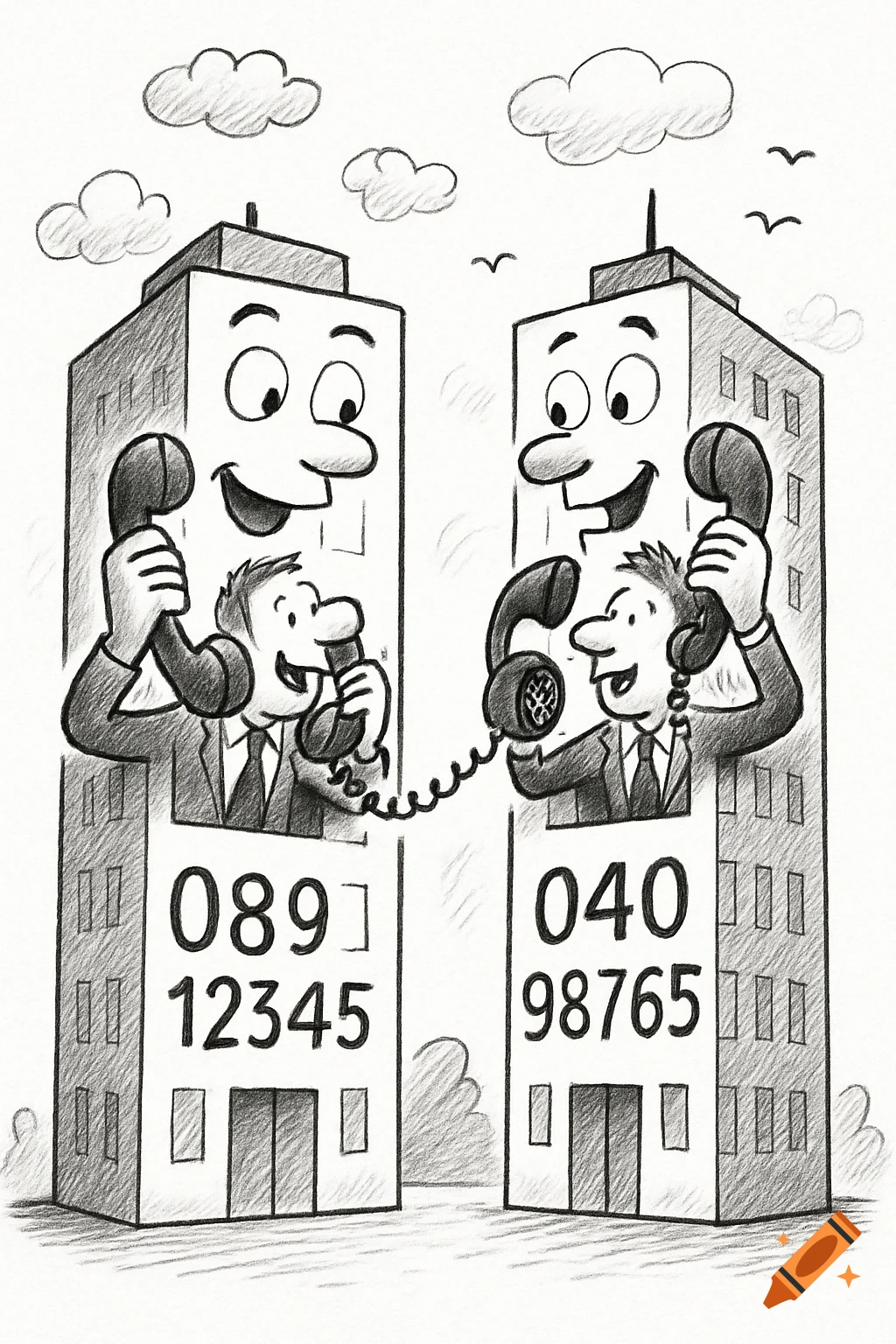 A black and white cartoon sketch of two smiling office buildings, each with a businessman talking on a phone, connected by a phone cord. Phone numbers are on the buildings.