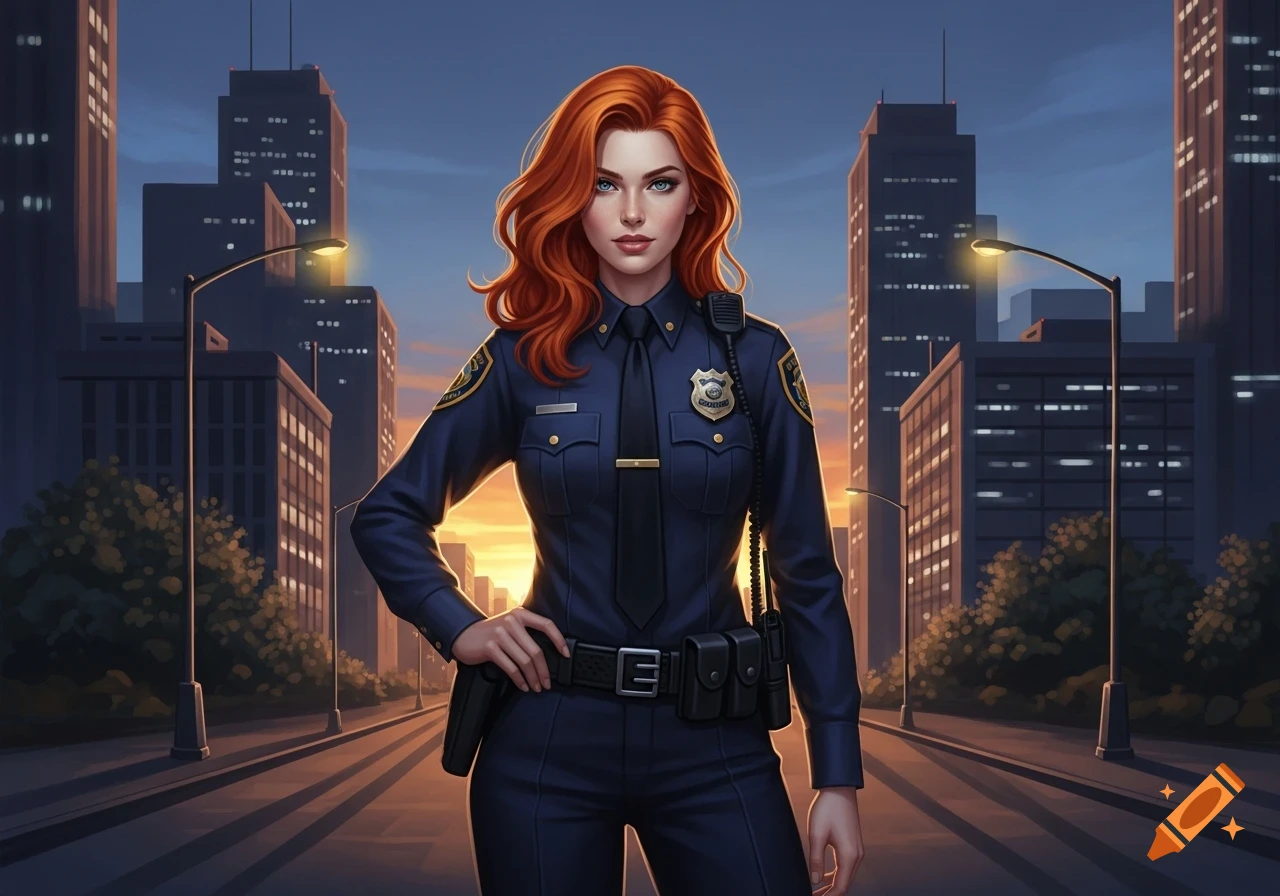 A stylized illustration of a red-haired female police officer standing on a city street at sunset.