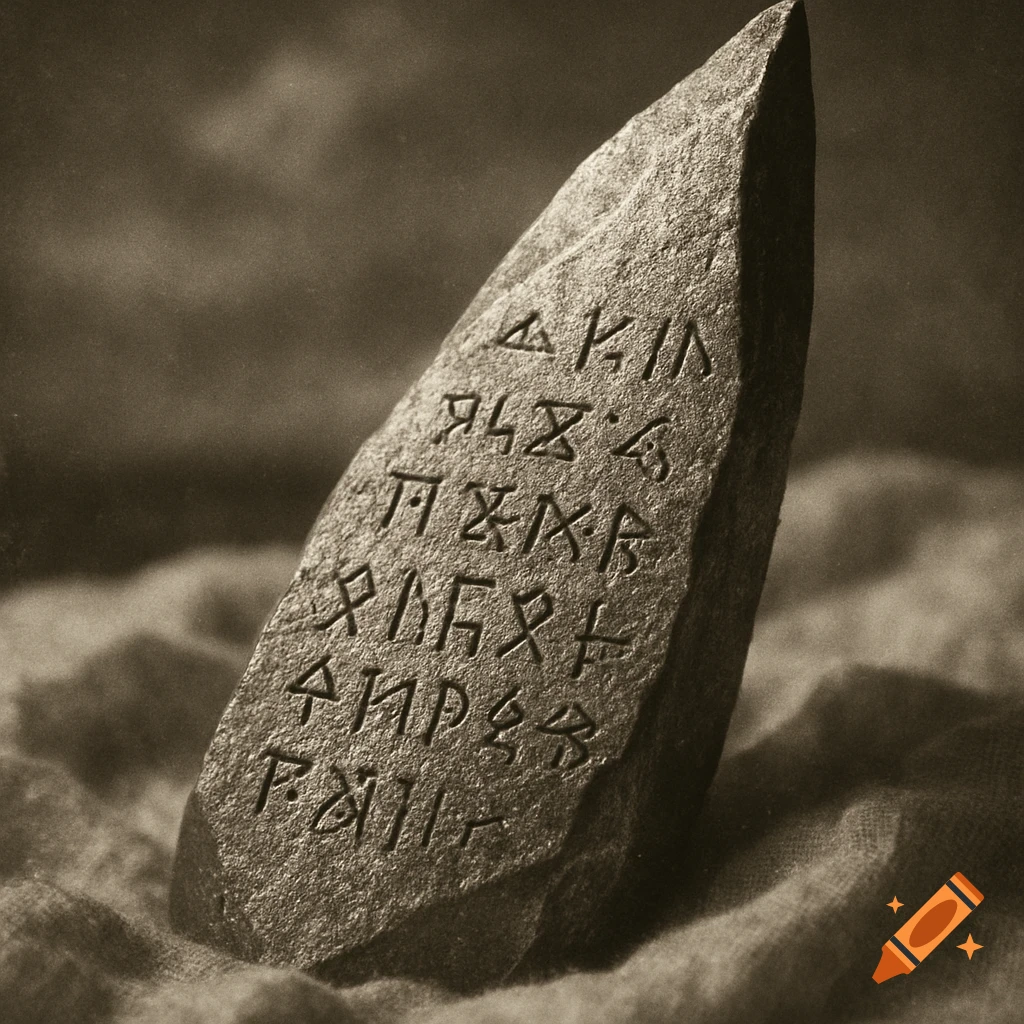 Close-up, sepia-toned photo of a rough, pointed stone shard covered in carved, ancient-looking glyphs, resting on draped cloth.
