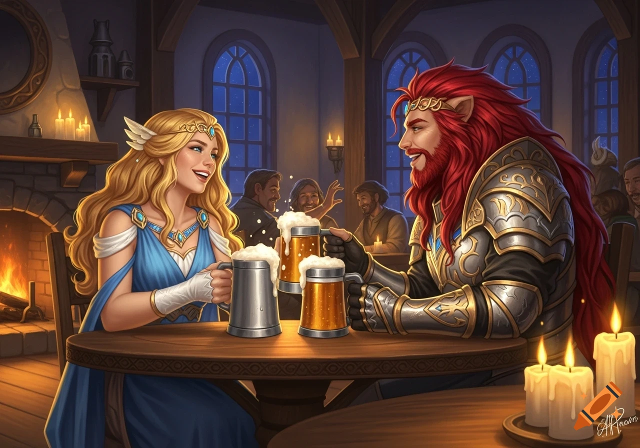 A smiling blonde woman and a red-maned warrior toast with beer mugs in a cozy fantasy tavern.
