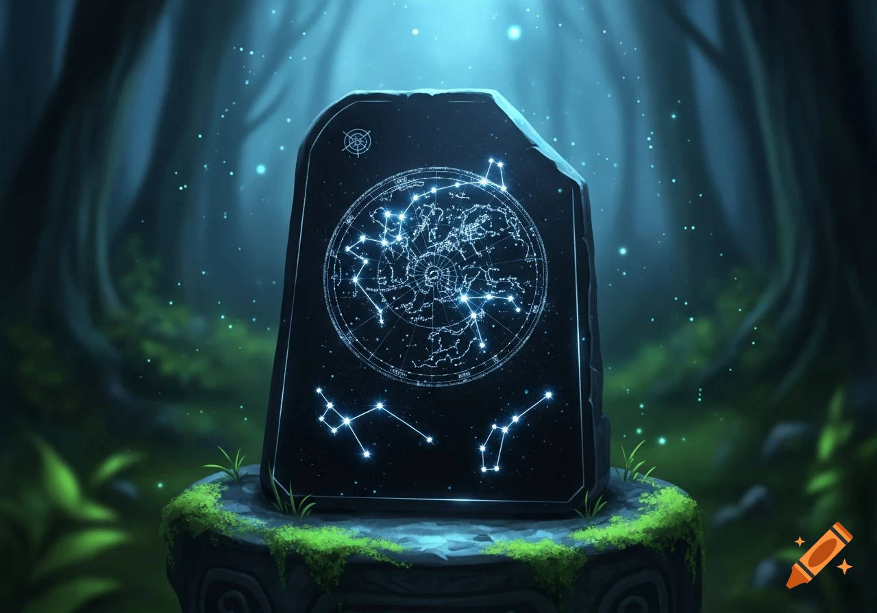 A glowing black stone slab with an etched star map and constellations stands on a mossy base in a mystical, dark forest.