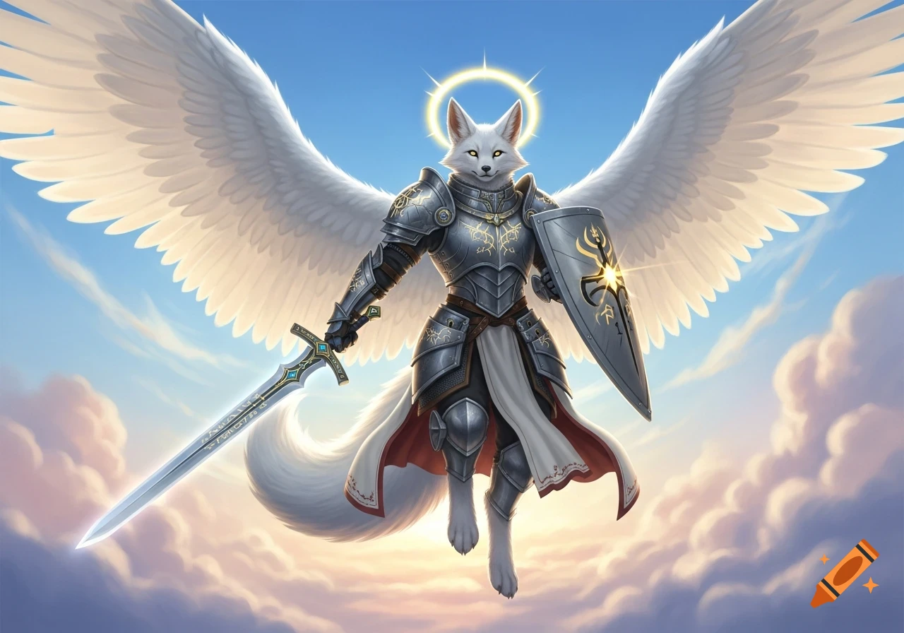 A white bipedal fox paladin with angel wings, halo, holy plate armor, sword, and shield, soaring in a sunlit sky with clouds.
