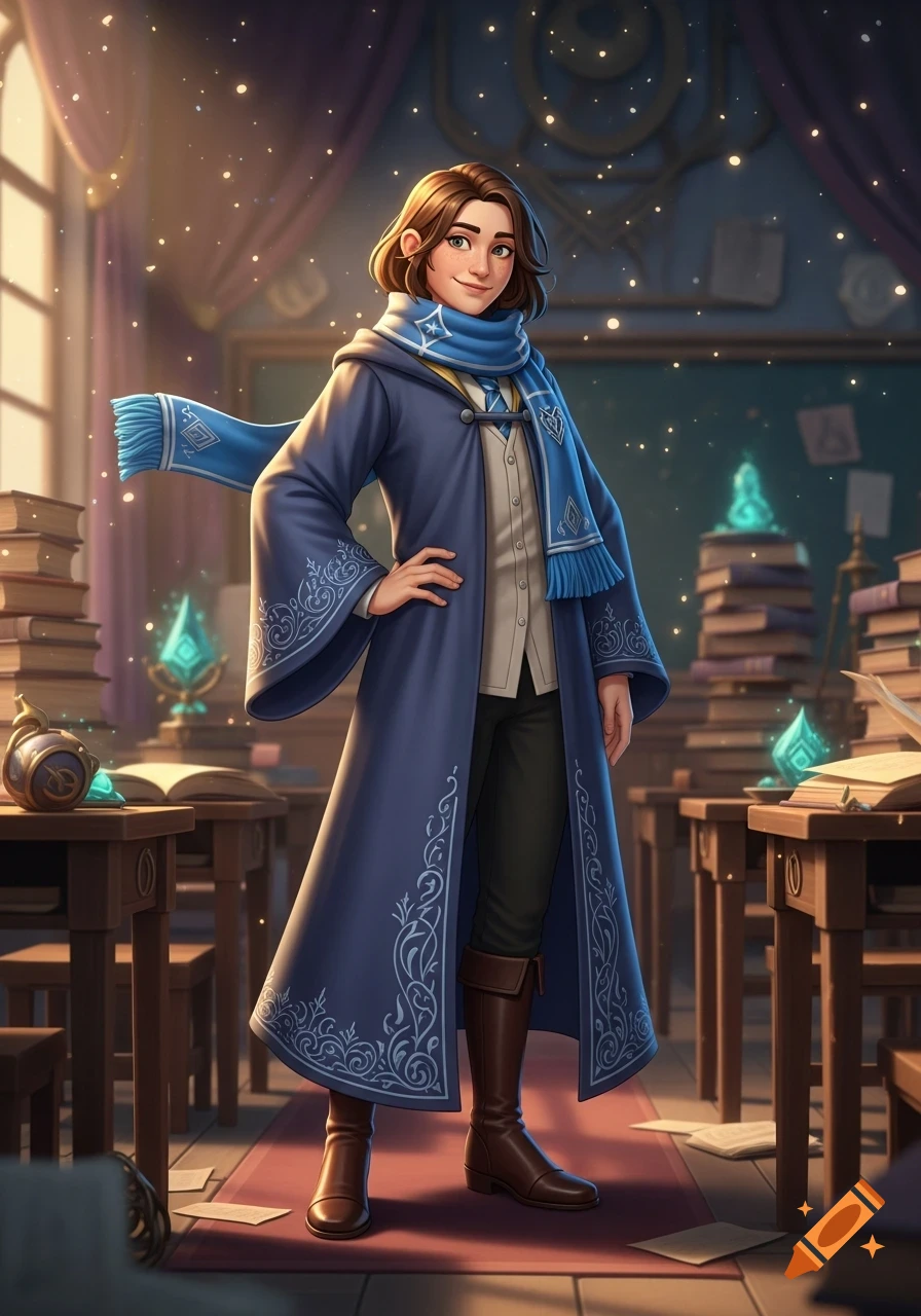 A confident student in a long blue robe with intricate silver patterns and a blue and silver scarf, stands in a magical classroom.