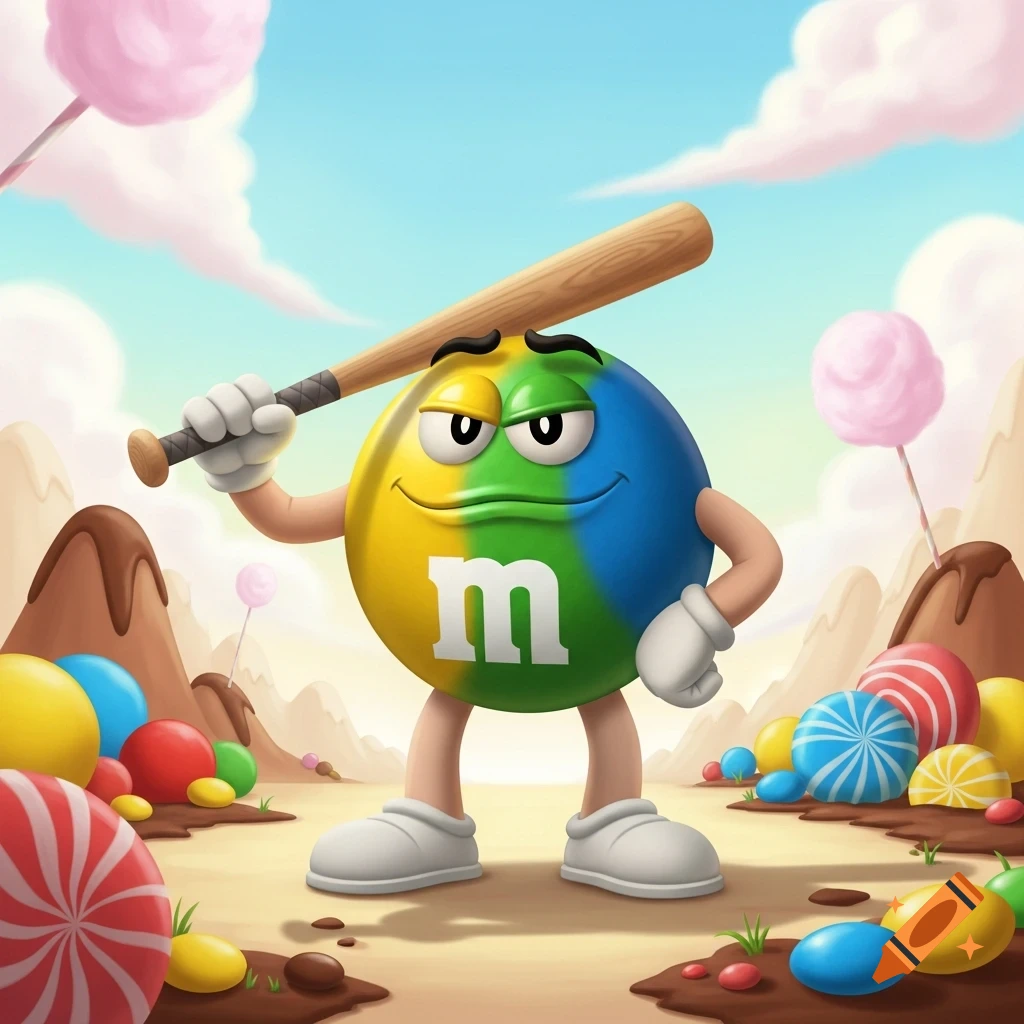 A cartoon M&M character, split into yellow, green, and blue, holds a baseball bat over its shoulder in a whimsical candy land.