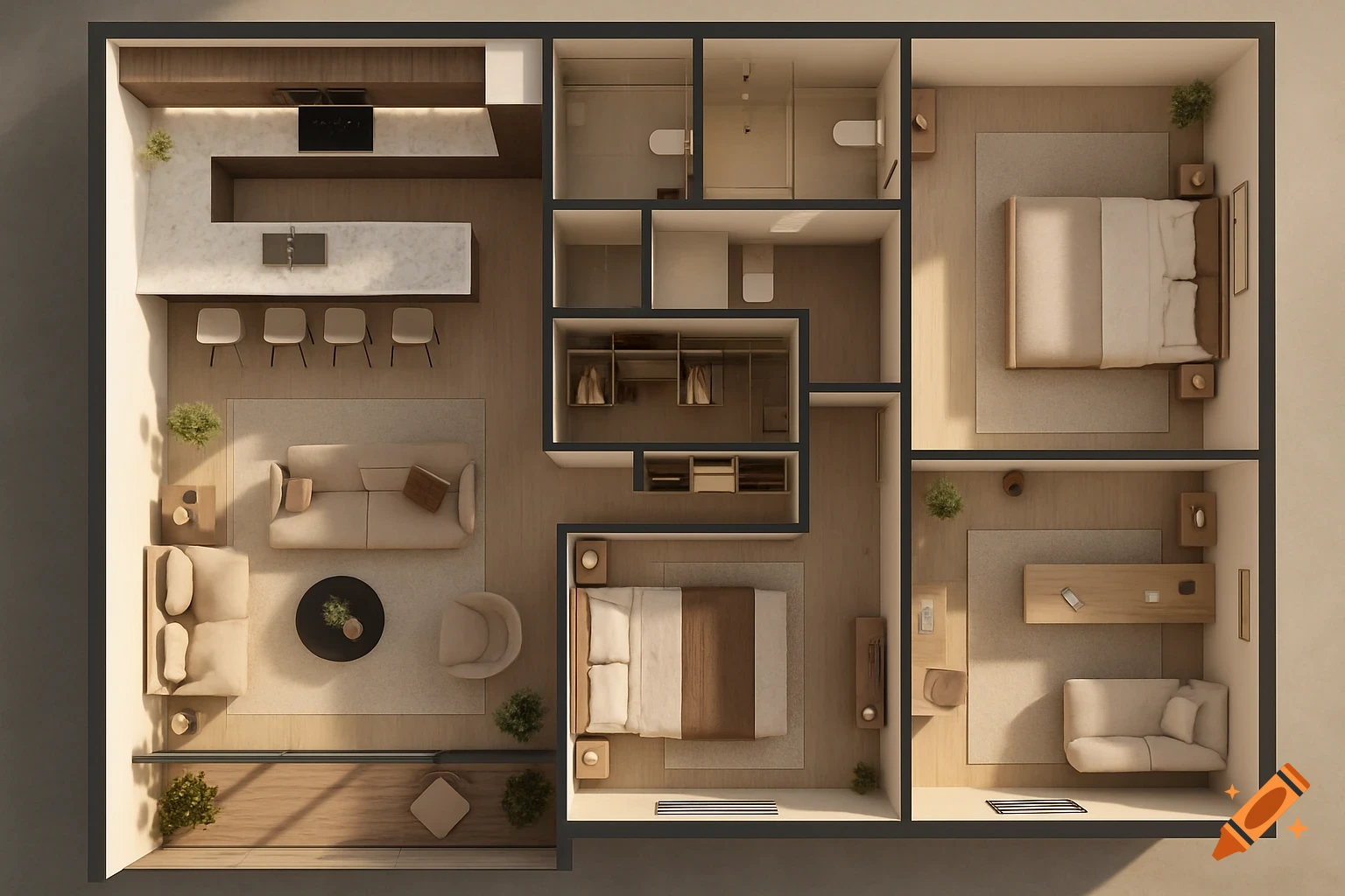 Top-down view of a modern apartment floor plan with open-concept living, kitchen, two bedrooms, two bathrooms, and a terrace.