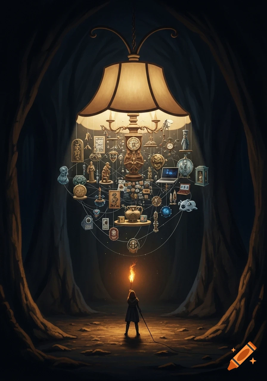 Person with a torch in a dark cave looks up at a glowing chandelier holding many symbolic objects connected by lines.