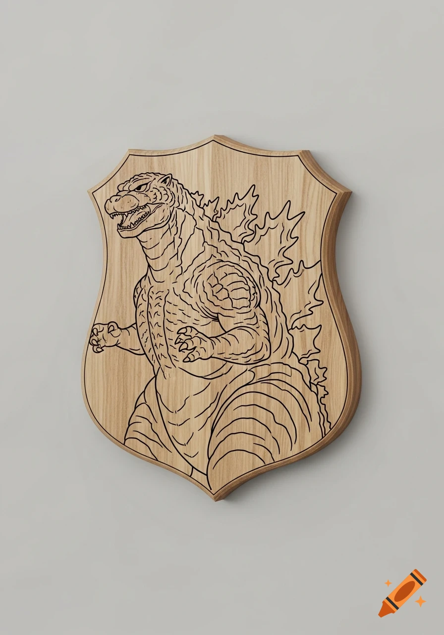 Wooden wall-mount plaque carved with a detailed outline of Godzilla, against a neutral background.