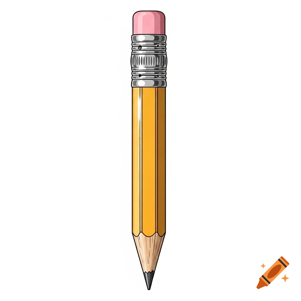 An illustration of a yellow pencil with a pink eraser, a metal ferrule, and a sharpened tip, on a white background.