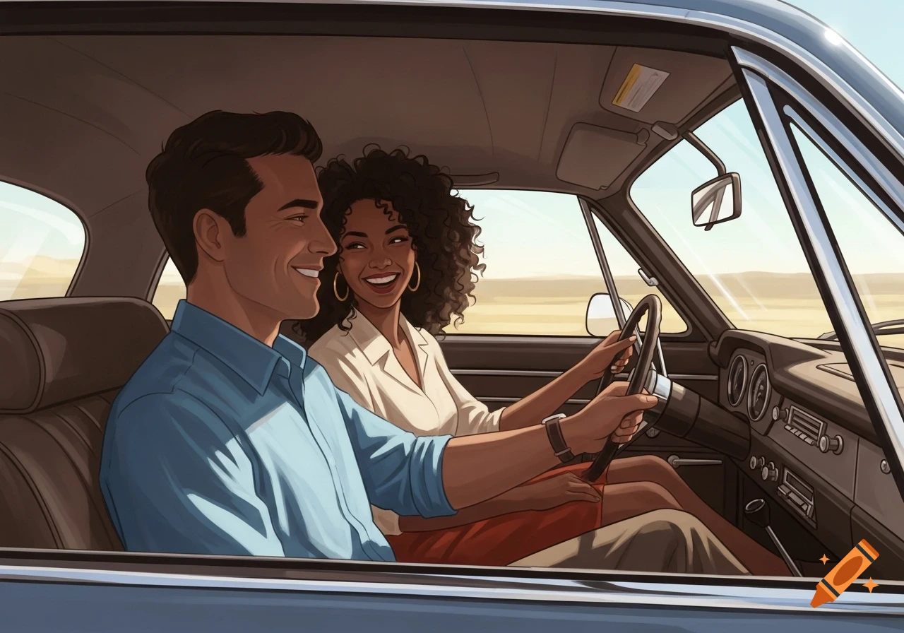 An illustration of a smiling man in the passenger seat and a smiling woman driving a car on a sunny day.