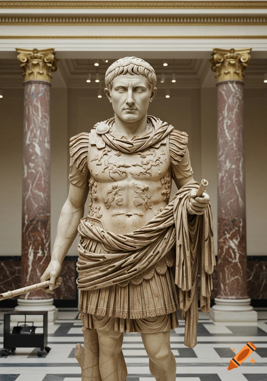A full-body marble statue of a Roman emperor wearing an ornate cuirass and toga, holding a staff, in a museum hall.