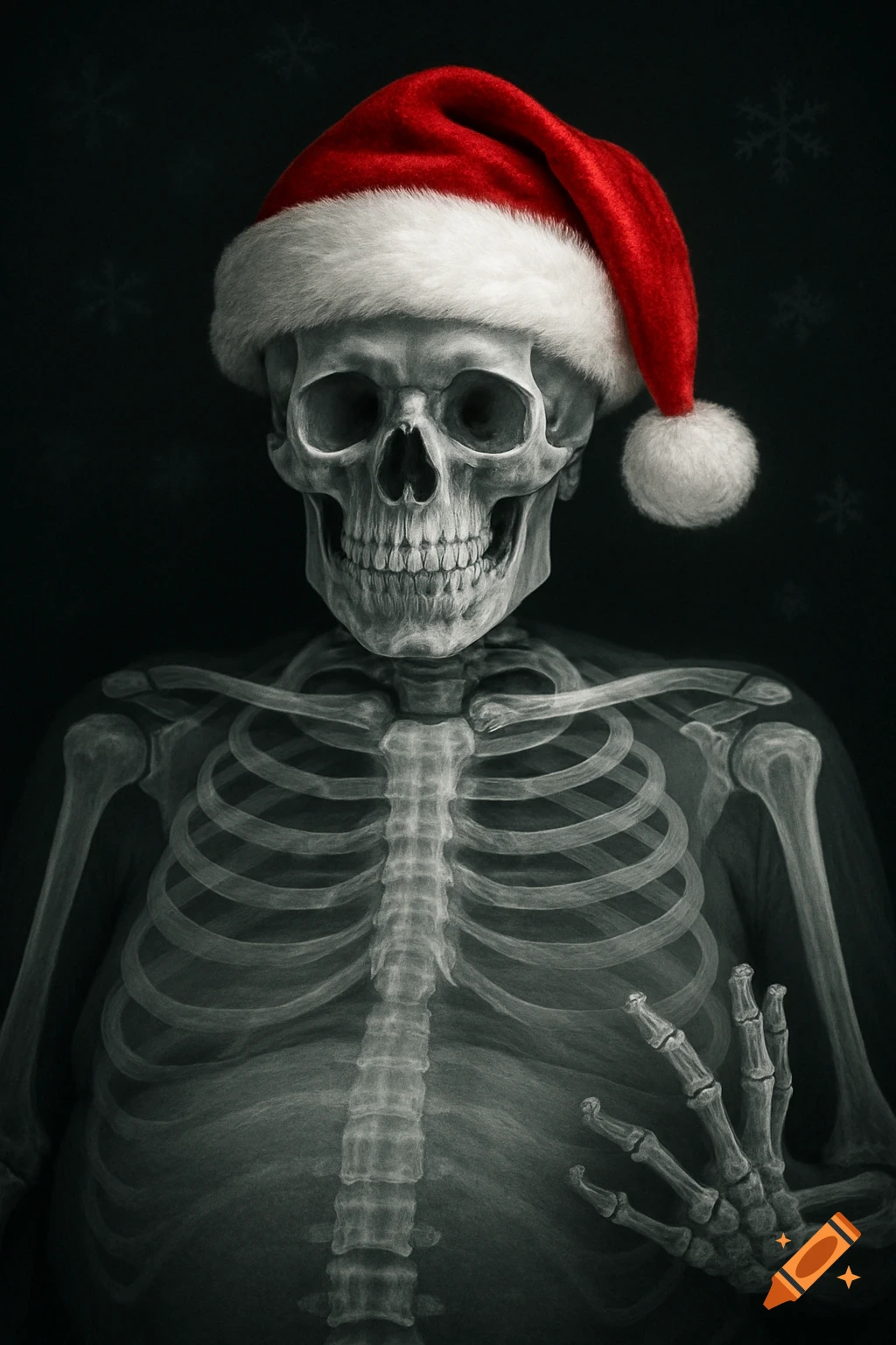 An x-ray style image of a skeleton wearing a red Santa hat against a dark background with subtle snowflakes.