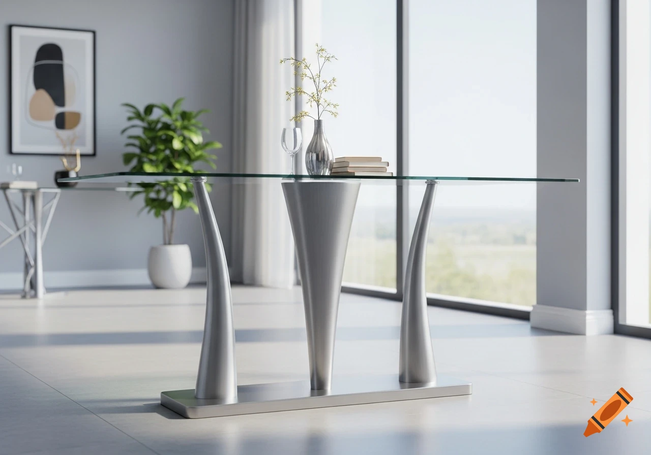 Modern glass dining table with three silver pillar legs in a bright room with large windows, a plant, and abstract art.