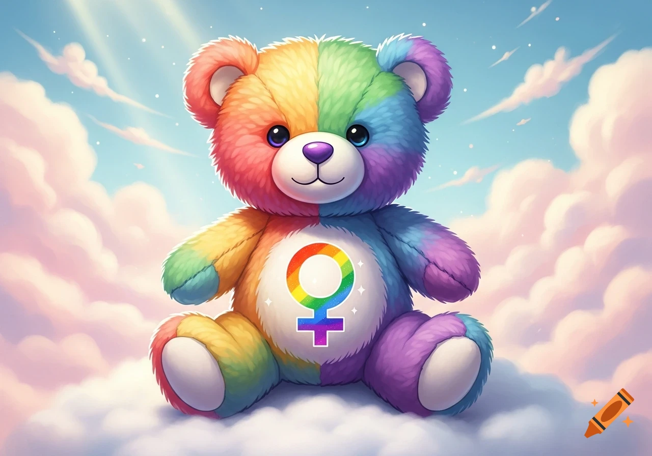 Cute cartoon rainbow-colored teddy bear with an LGBTQ+ symbol on its belly, sitting on fluffy clouds in a blue sky.