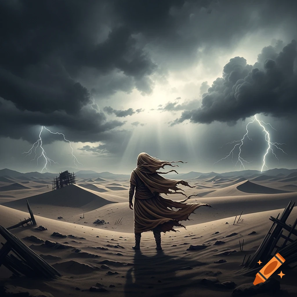A cloaked figure stands in a vast desert under a dramatic stormy sky with lightning, with a structure on a distant dune.