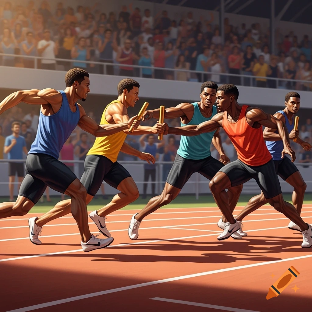 Four male athletes in tank tops and shorts run a relay race on a track, passing a baton in a stadium full of spectators.