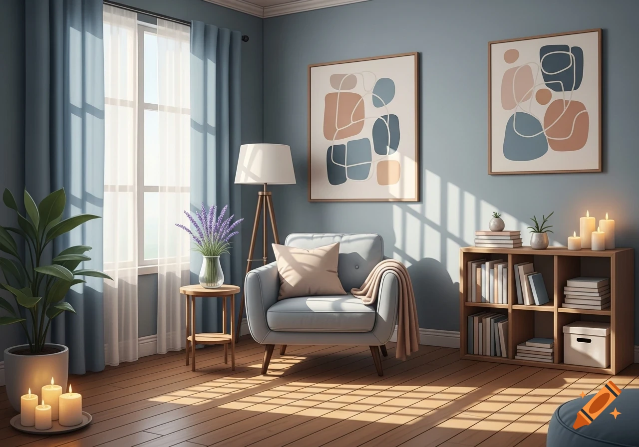 A cozy, sunlit living room with a blue armchair, wooden bookshelf, plants, and abstract art on a blue wall.