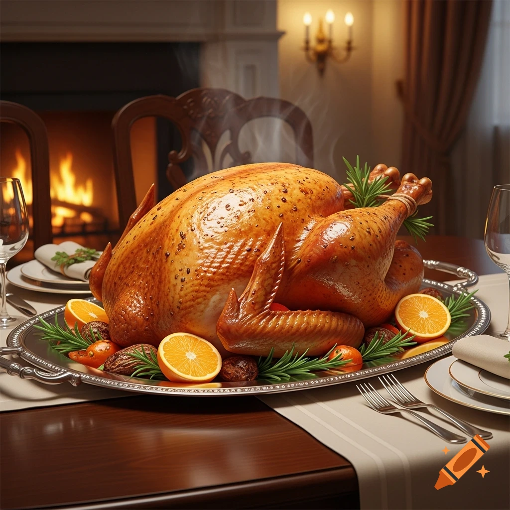 Photorealistic roasted turkey on a silver platter with orange slices and rosemary, set on a dining table with a warm fireplace.