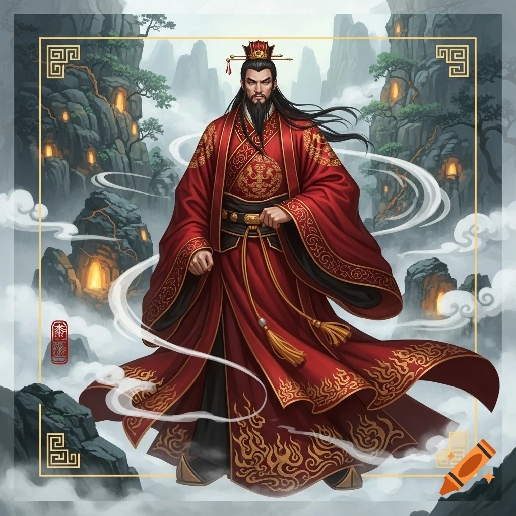 A regal male figure in a flowing red and gold imperial robe with a crown and long beard stands amidst misty Chinese mountains with glowing caves.