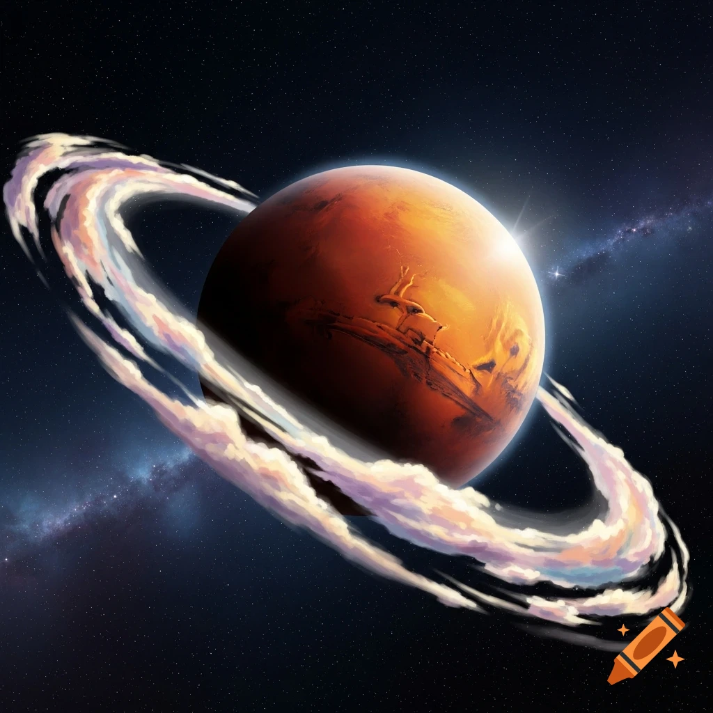 A reddish-orange planet with a luminous, swirling cloud ring, set against a dark starry space background with a faint nebula.