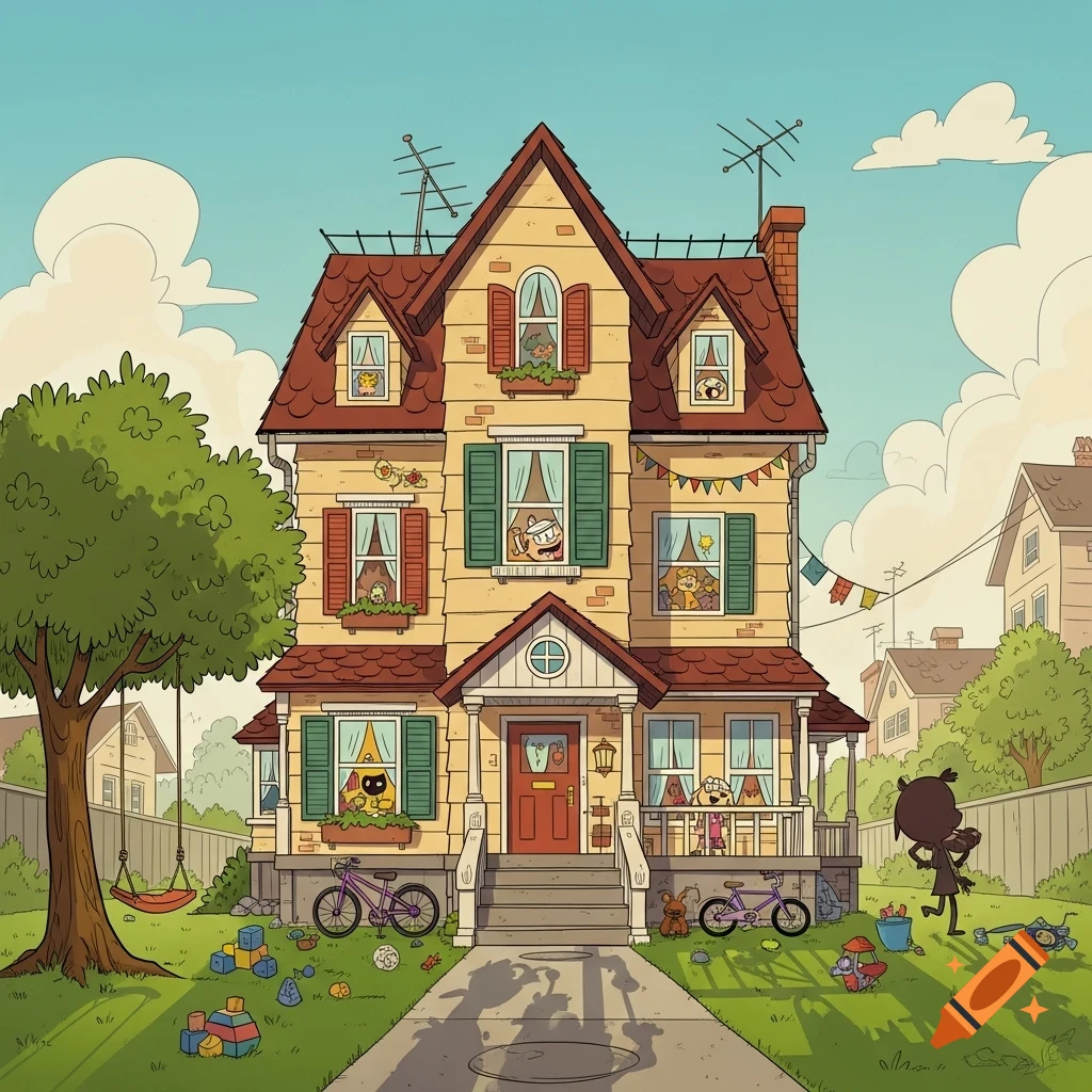 A vibrant cartoon illustration of a large yellow house with red roofs, showing many animated characters in windows and playing outside on a sunny day.