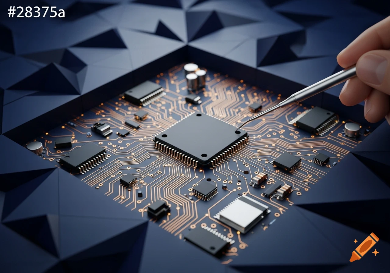 A hand uses a precision tool to work on a central microchip on a detailed circuit board, set against a dark, geometric background.
