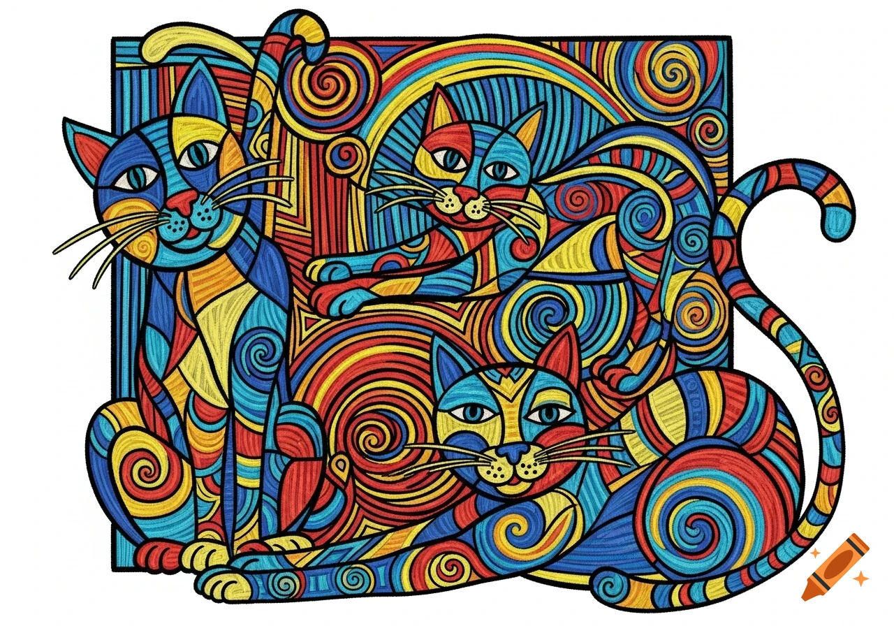 Three stylized cats composed of intricate, colorful patterns in blue, yellow, and red, resembling a psychedelic Picasso-style embroidery design.