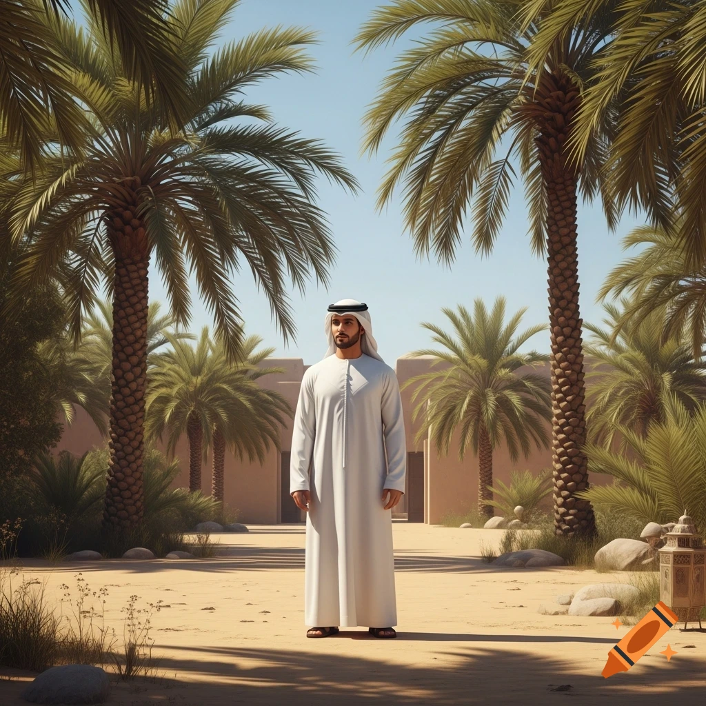 A man in a white dishdasha stands on a sandy path, flanked by tall palm trees and traditional desert buildings under a clear sky.