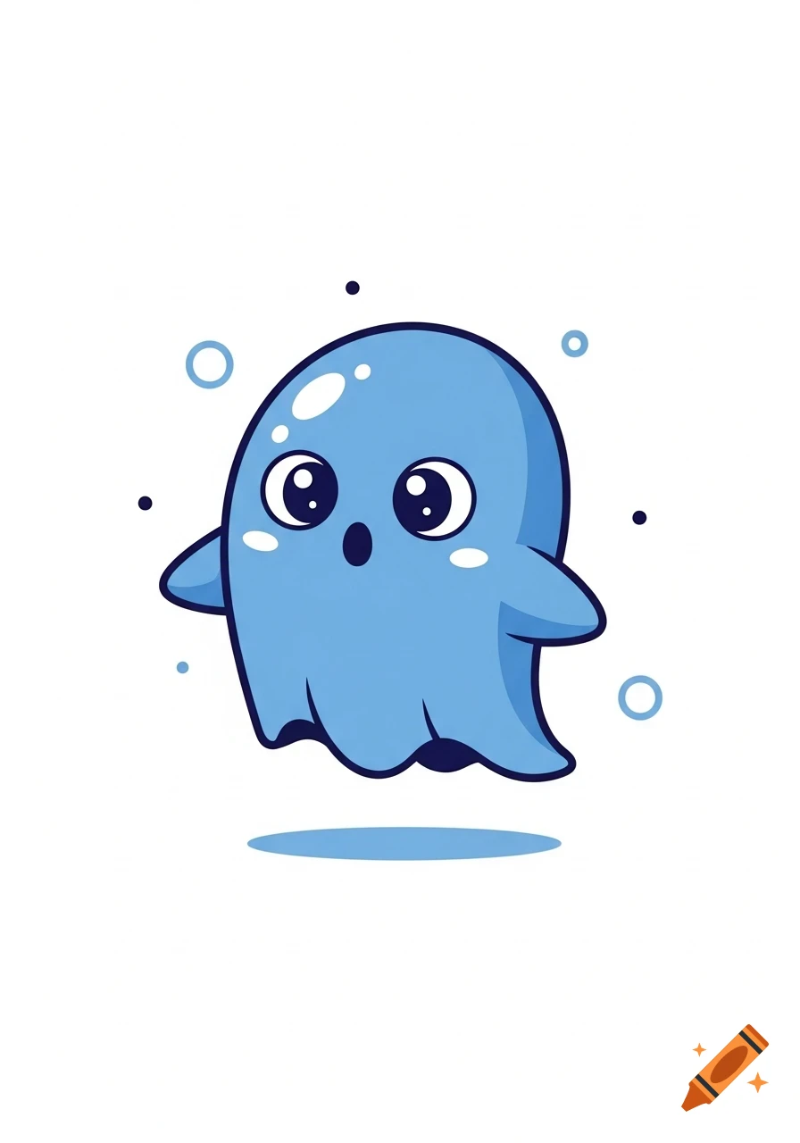 A cute blue cartoon ghost with big eyes, a small open mouth, and tiny arms floats over a shadow, surrounded by blue dots and rings.