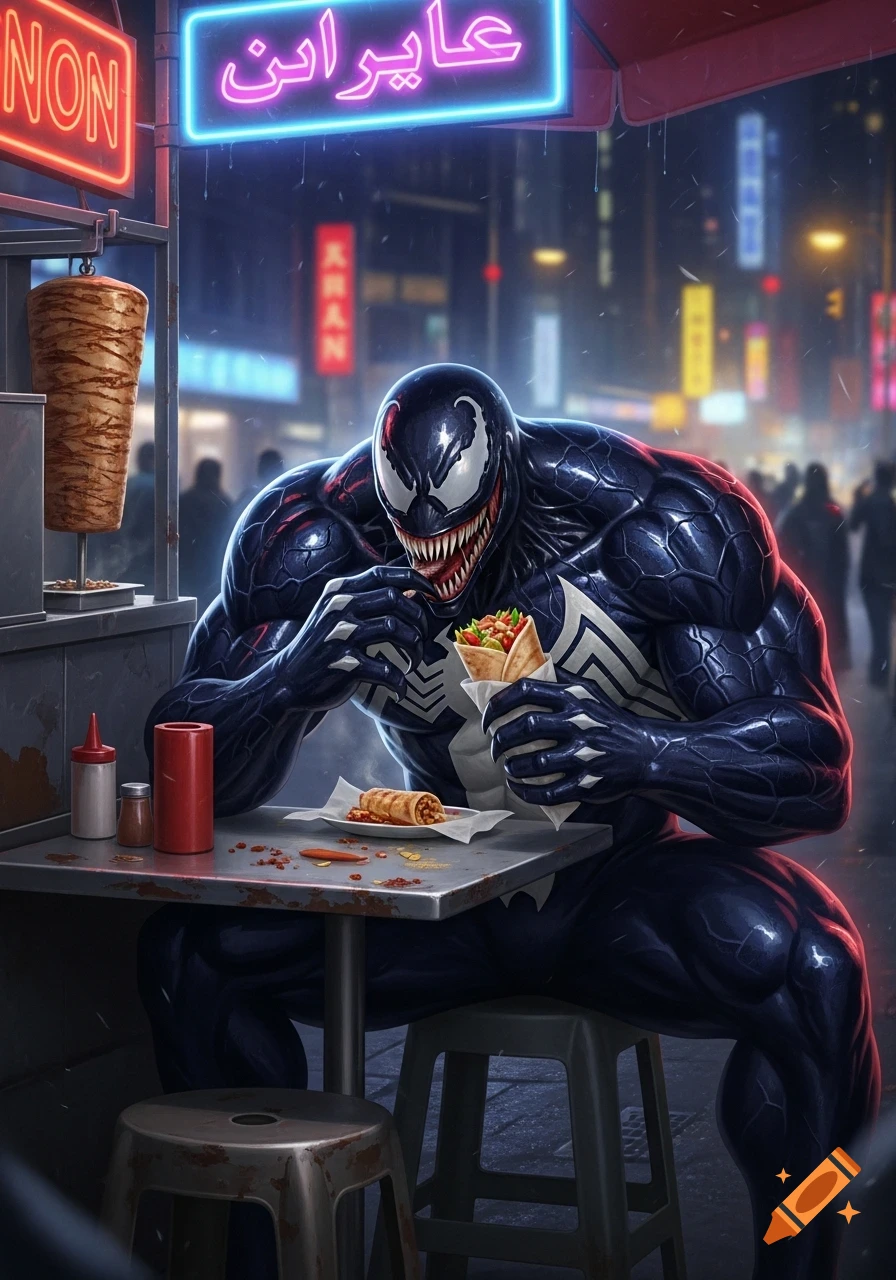 Venom, the black symbiote anti-hero, sits at a small outdoor table on a rainy night, eating a shawarma wrap under neon signs in a vibrant city street scene.