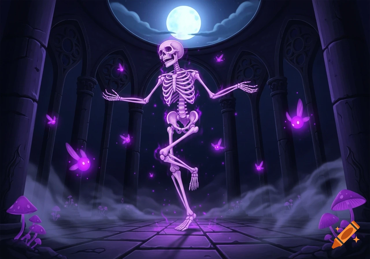A glowing purple skeleton dances in a dark gothic ruin with glowing mushrooms and sprites under a full moon.
