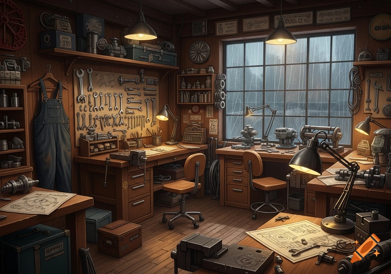 A detailed, rustic workshop with wooden walls, tools on a pegboard, workbenches, machinery, and a window showing rain.