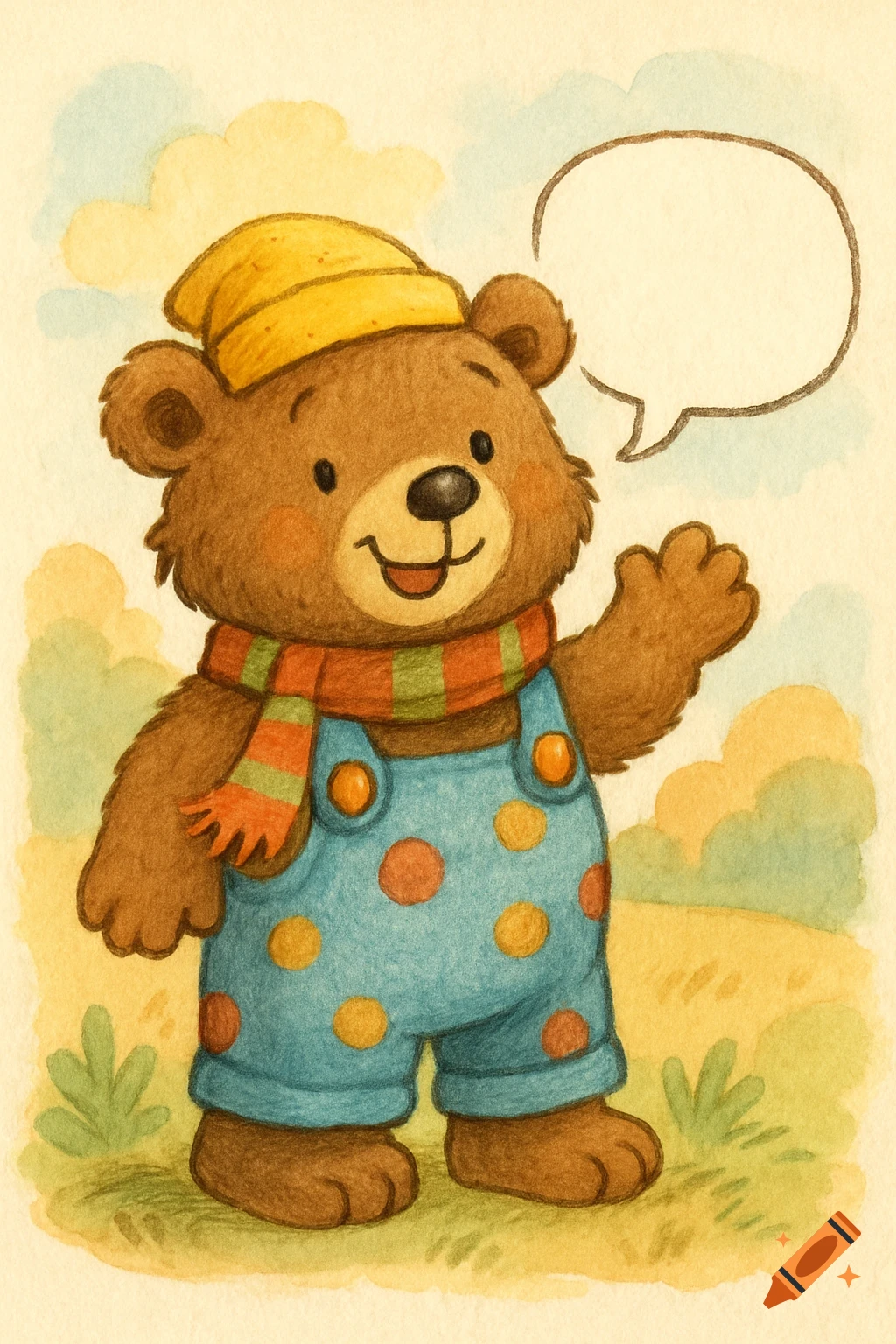 A whimsical watercolor illustration of a cheerful brown bear in a yellow hat, blue overalls, and a striped scarf, waving with an empty speech bubble.