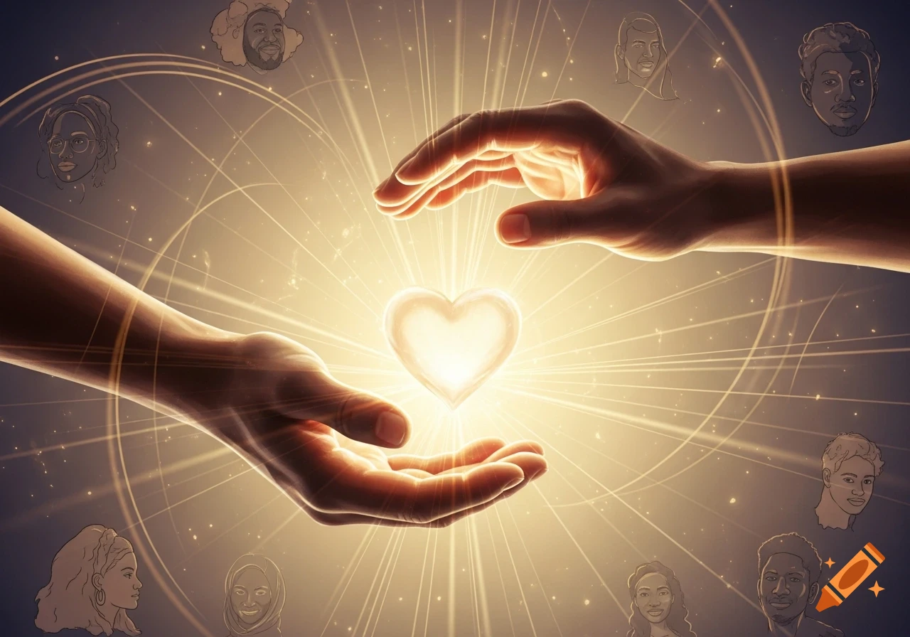 Two hands holding a glowing heart, surrounded by diverse stylized faces and light rays, representing community and giving.