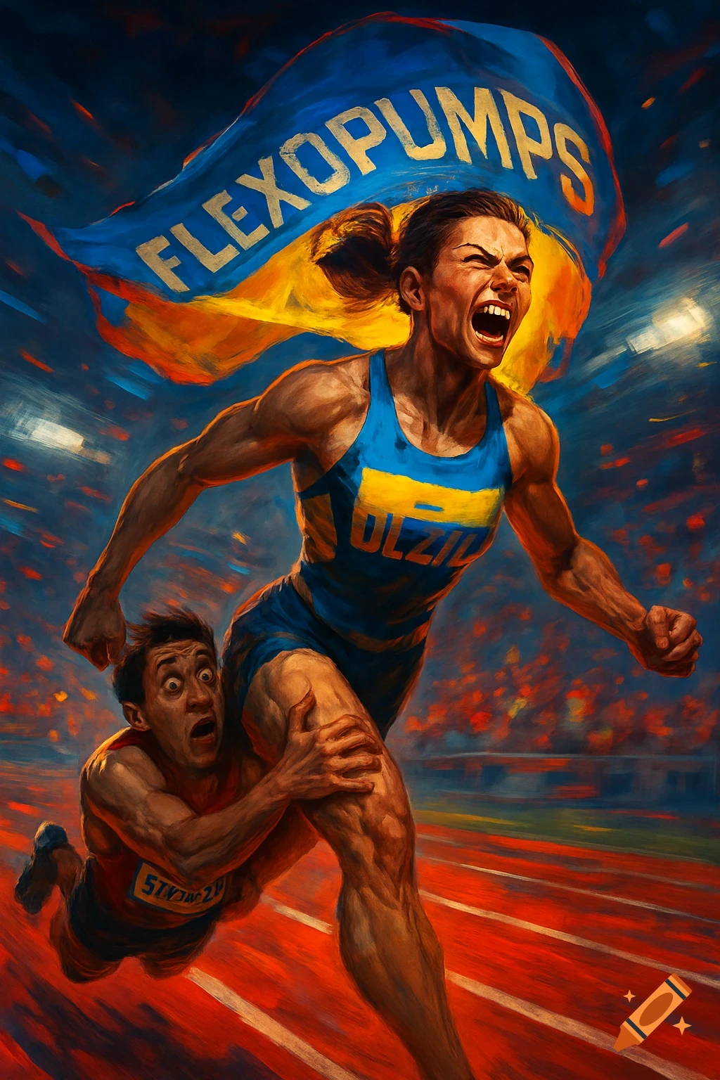 A stylized painting of a determined female sprinter in a blue and yellow uniform, carrying a flag with 'FLEXOPUMPS', pulling a startled male runner by the leg on a red track.