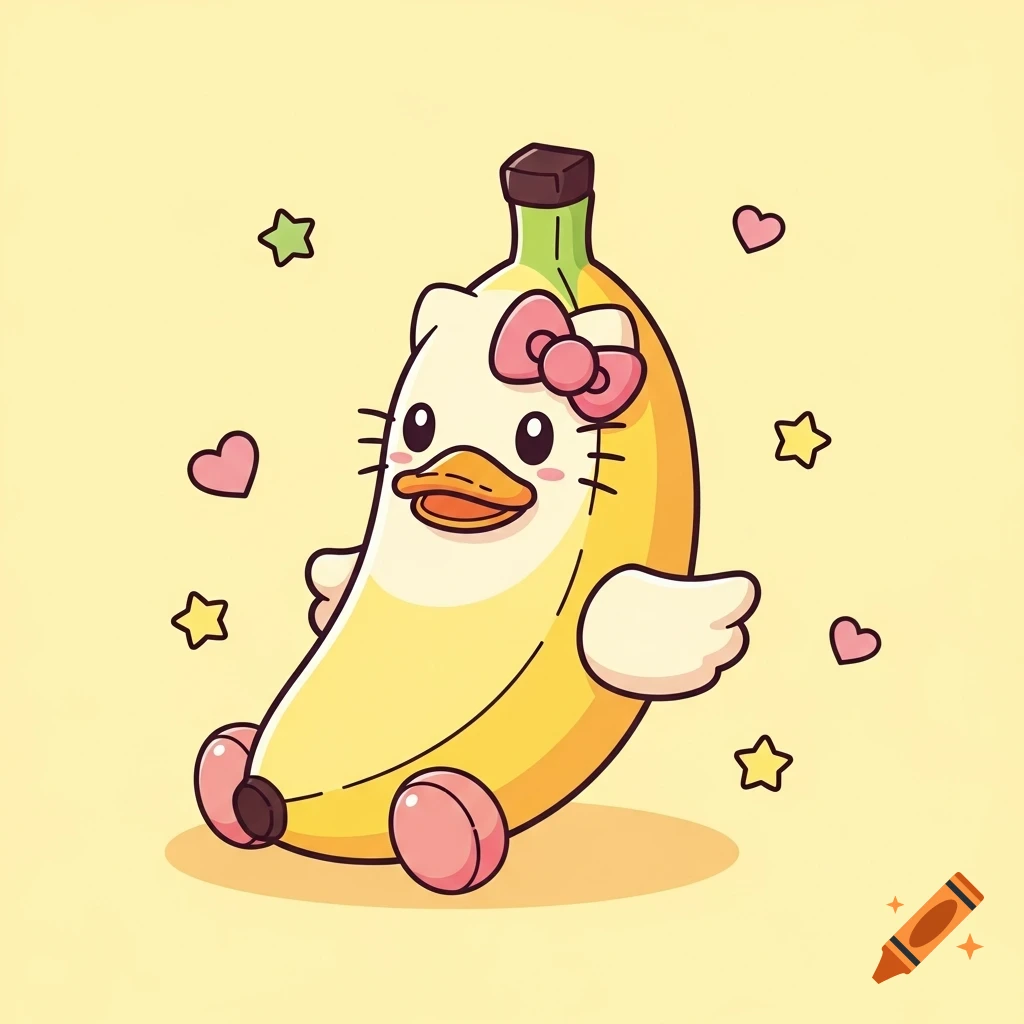 A cute kawaii cartoon of a banana character with a duck head, Hello Kitty whiskers, and a pink bow, on a yellow background.