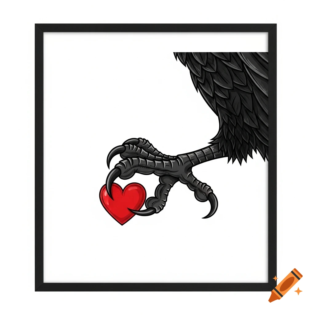 A black raven's talon clutches a vibrant red heart in a clipart style illustration.