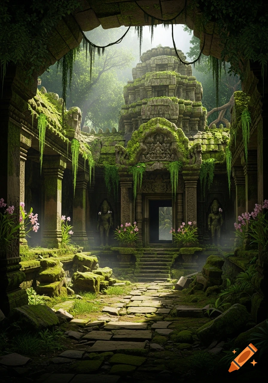 Ancient moss-covered stone temple ruins in a misty jungle, with a stone path leading to the entrance.