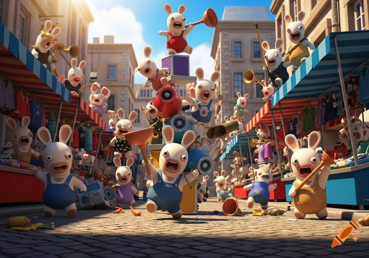 Mischievous Rabbids Numerous mischievous Rabbids characters causing chaos in a sunny ...