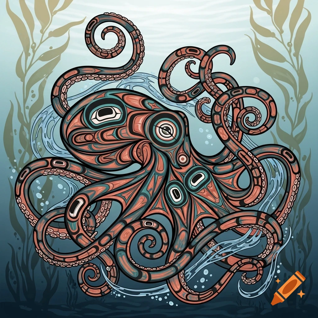 Stylized Haida art illustration of an octopus with intricate patterns, swimming amidst kelp in blue-green water.