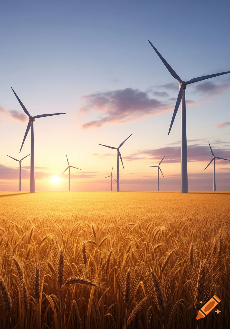 Photorealistic image of windmills in a golden wheat field at sunset.