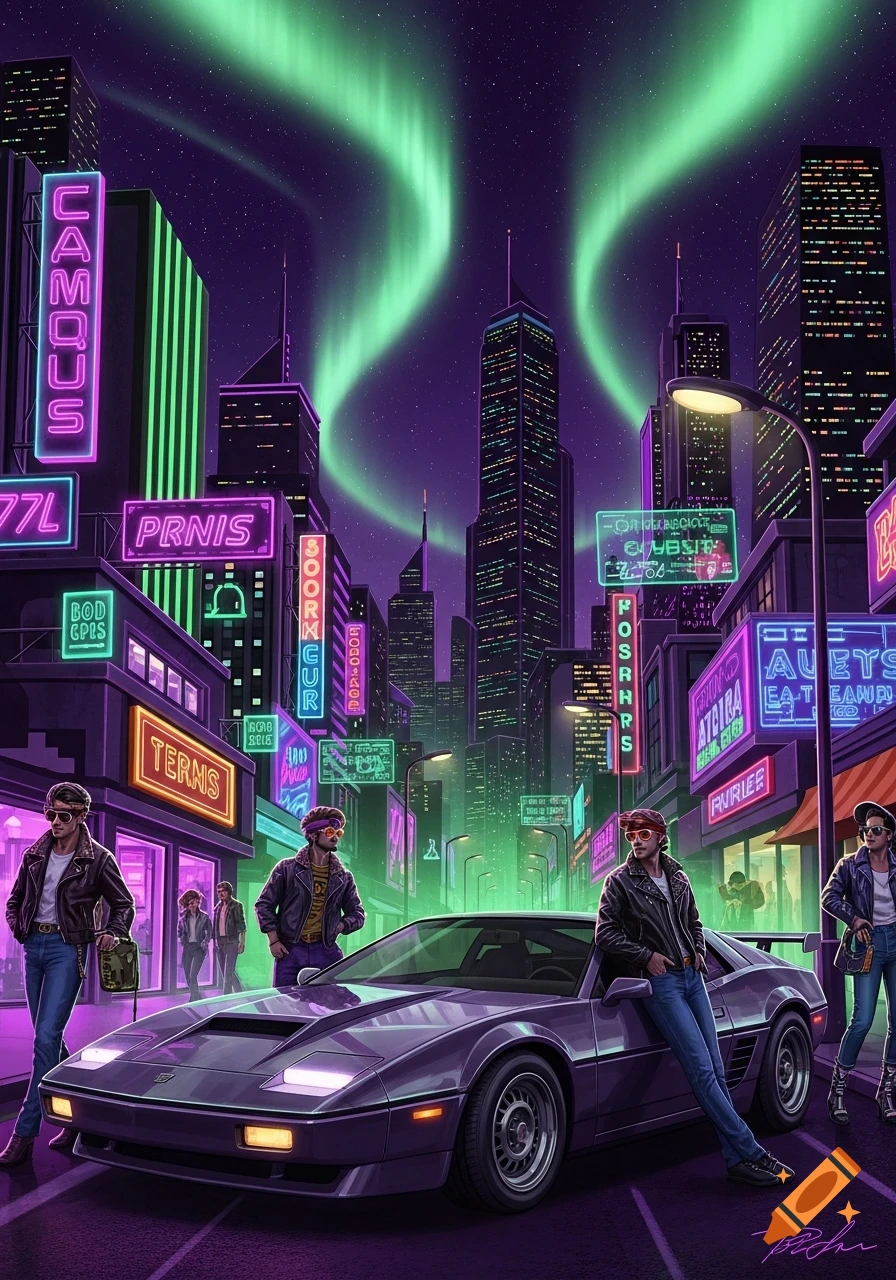 Men with a sports car under green aurora in an 80s style neon city at night, vibrant purple and green.