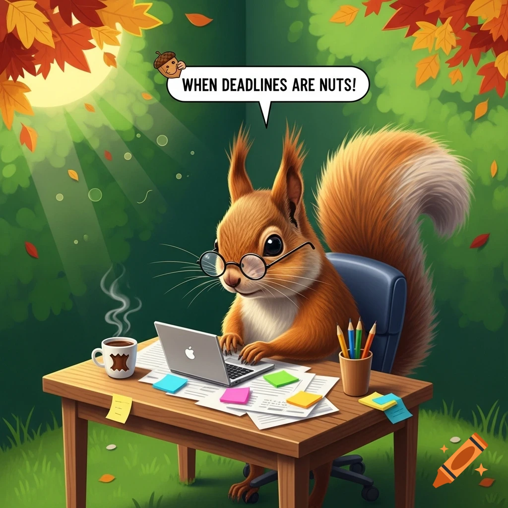 Cartoon squirrel in glasses typing on laptop at a desk in an autumn forest, a speech bubble reads "WHEN DEADLINES ARE NUTS!"