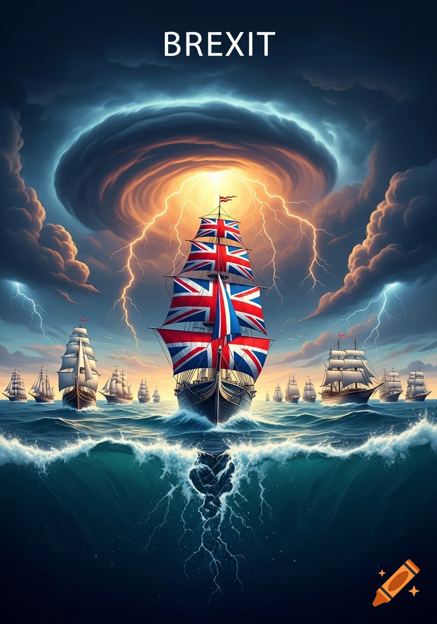 A large ship with Union Jack sails leads a fleet through stormy seas under a dark, swirling sky with lightning and the word 'BREXIT'.