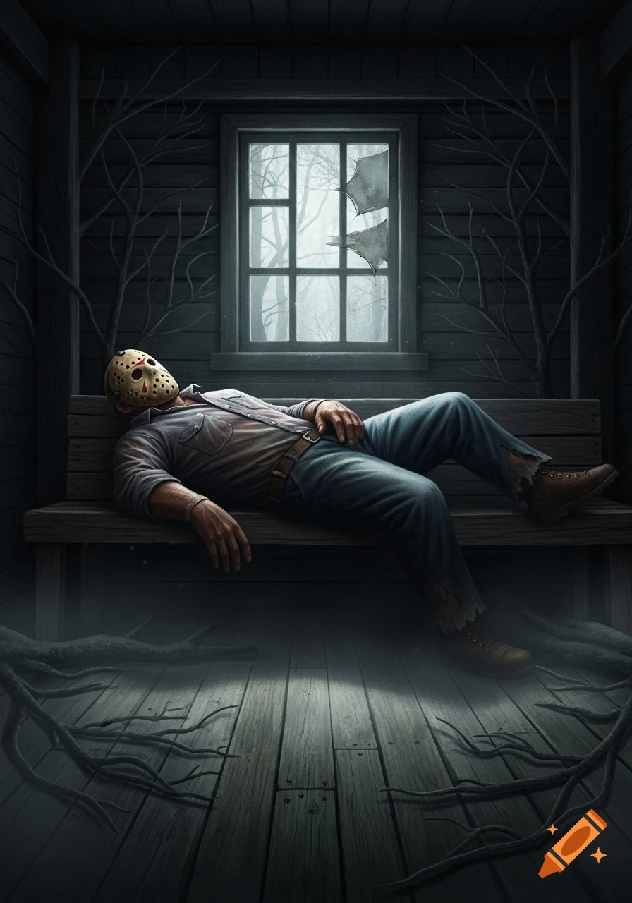 Jason Voorhees wearing a hockey mask and work clothes, lying on a wooden bench inside a dark, dilapidated cabin.
