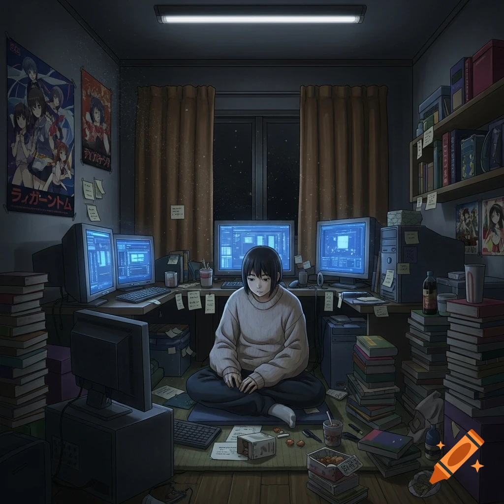 An anime-style person sits on the floor in a dark, messy room with multiple glowing computer monitors, surrounded by stacks of books.