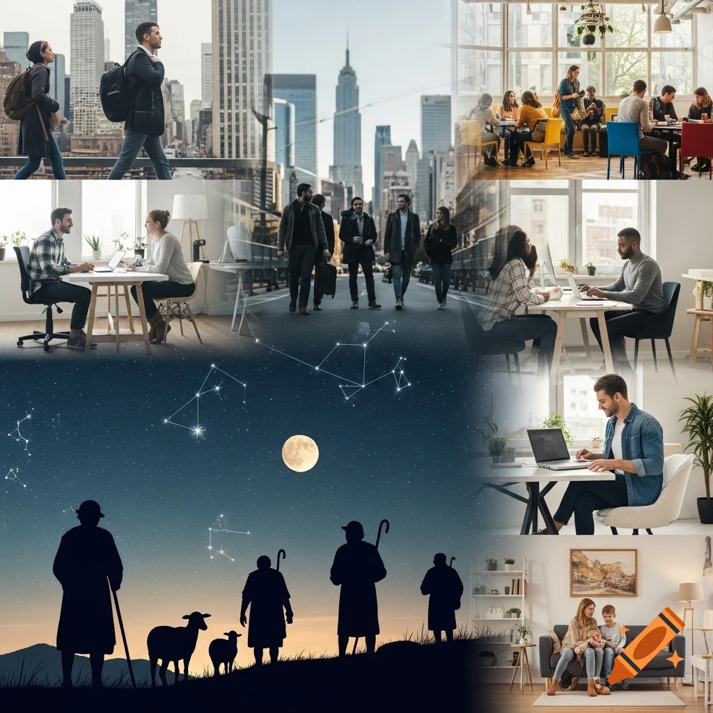 A collage showing urban commuters, people working and socializing, a family at home, and silhouetted shepherds with sheep under a starry night sky with a full moon and constellations.