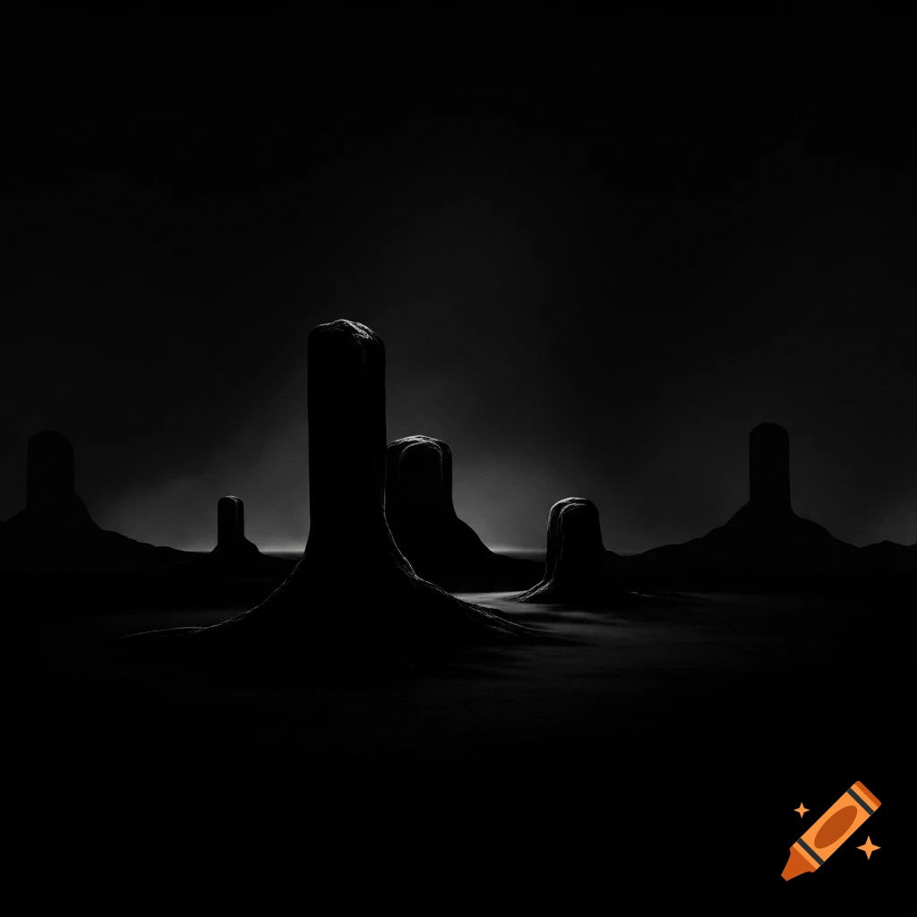 Dark, monochromatic abstract landscape with silhouetted, irregular rock formations against a subtle glowing horizon.