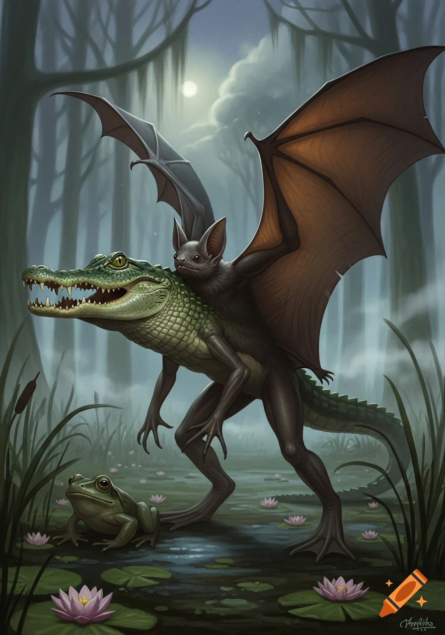 Detailed illustration of a hybrid creature with an alligator head, bat body and wings, and frog legs, standing in a misty, moonlit swamp with lily pads and a frog.