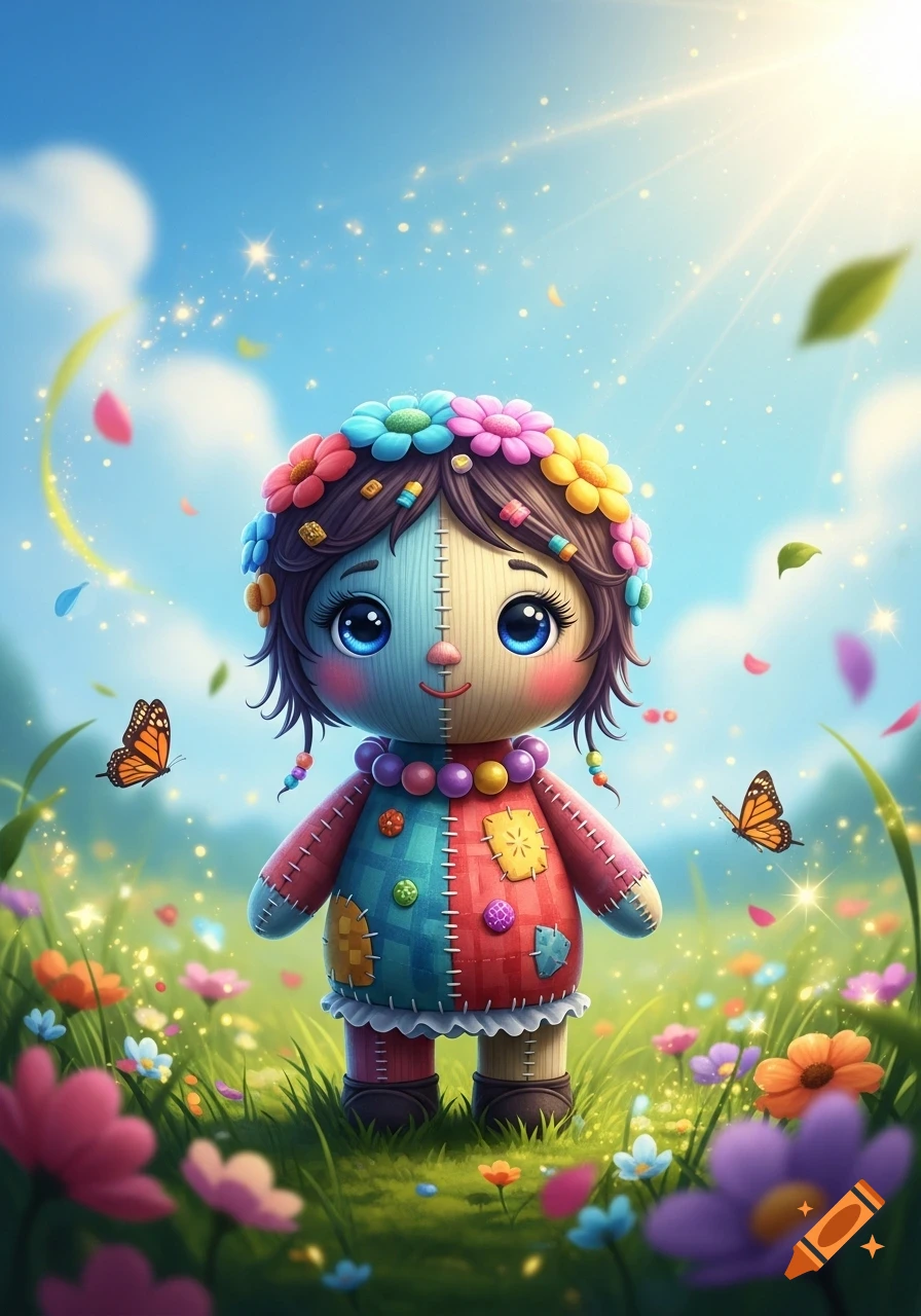 A cute patchwork doll with a flower crown and big blue eyes stands in a vibrant, sparkling meadow with butterflies under a sunny sky.