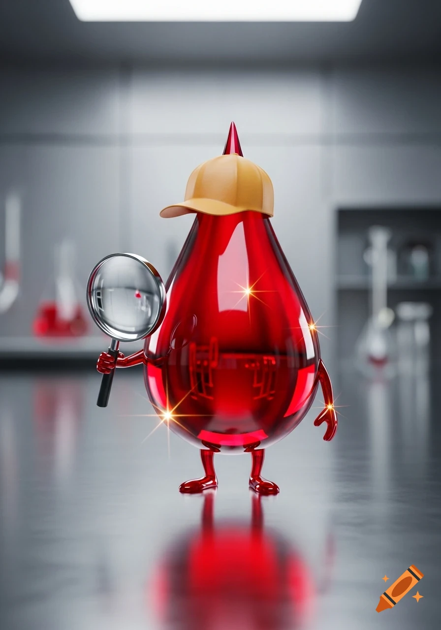 A shiny red 3D cartoon blood drop character in a yellow cap holds a magnifying glass in a laboratory.